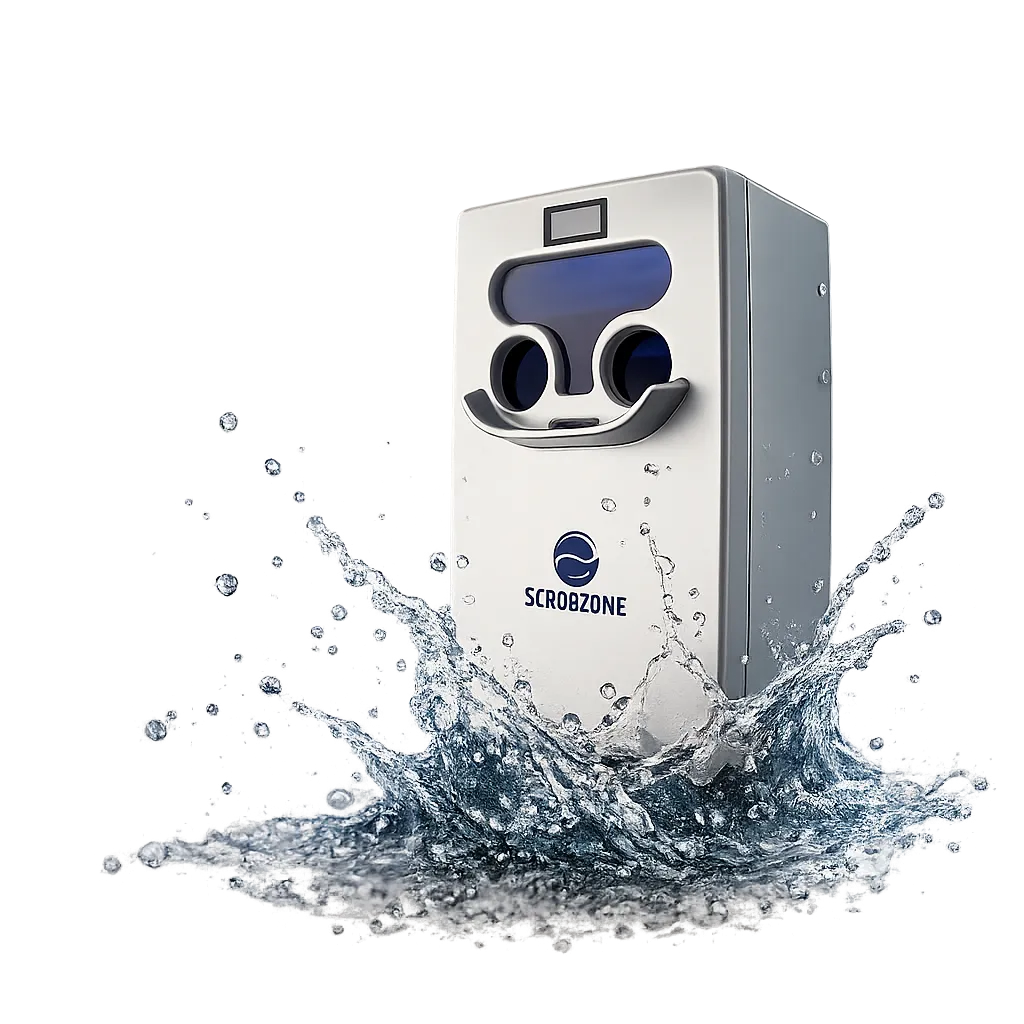The Scrubzone automated hand hygiene machine, a white wall-mounted unit with a dual wash-and-dry chamber